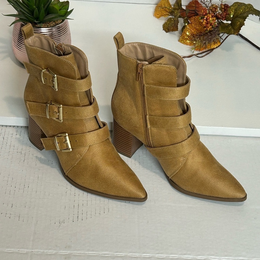 Tan Ankle Boots with Buckle Straps